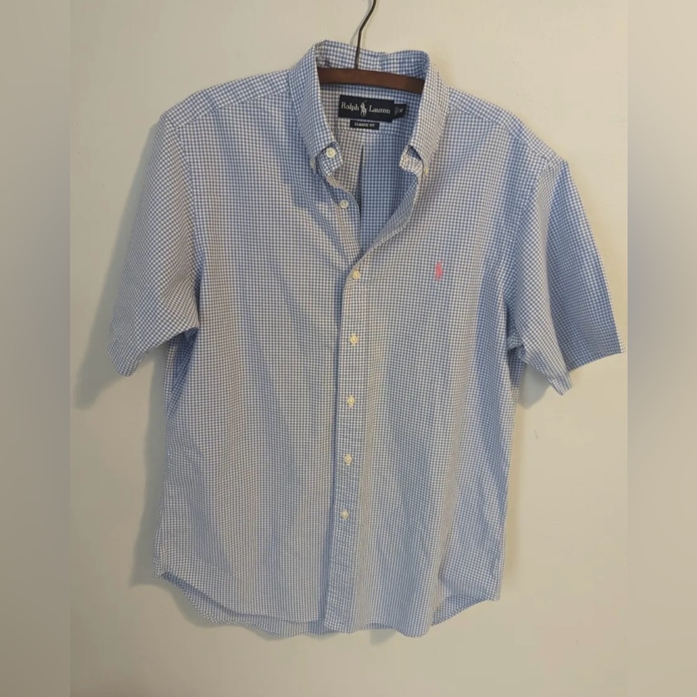 RALPH LAUREN POLO Classic Fit BUTTON UP DRESS SHIRT Mens M Checkered Light Blue
